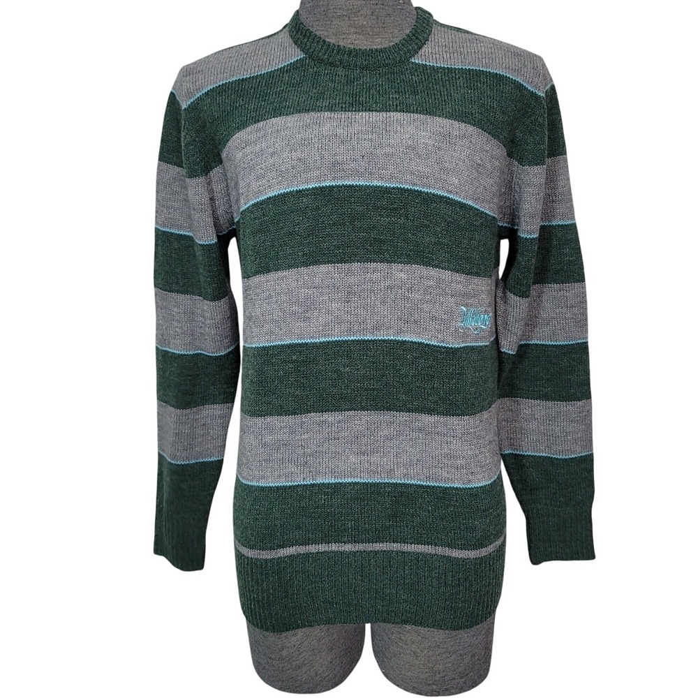 Billabong Mens M Green Gray Striped Wool Blend Crew Neck Sweater Surf Skater